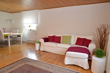 Großzügiges Wohnzimmer mit Essbereich, anders dekoriert, Fewo Nessel in Haßloch/Pfalz